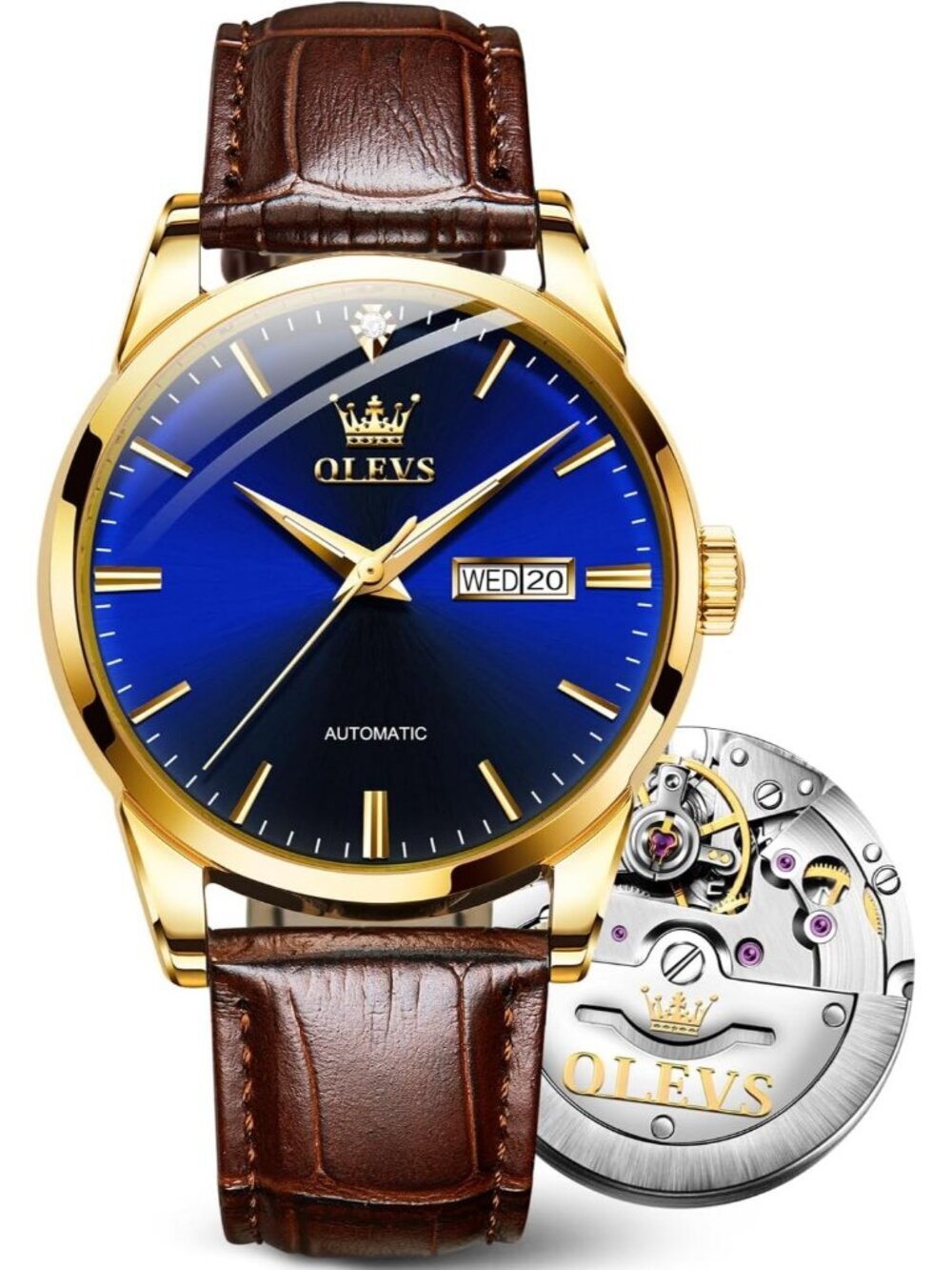 Men's Brown strap/Blue Dial Luxury Leather Band Mechanical Classic Wrist Watch